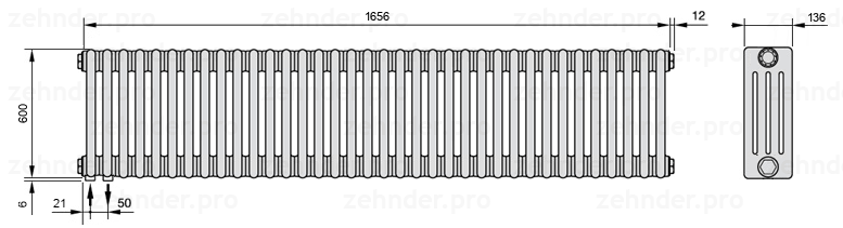 Схема (чертеж) Радиатор Zehnder Charleston 4060/36 №3370 Белый глянцевый RAL 9016